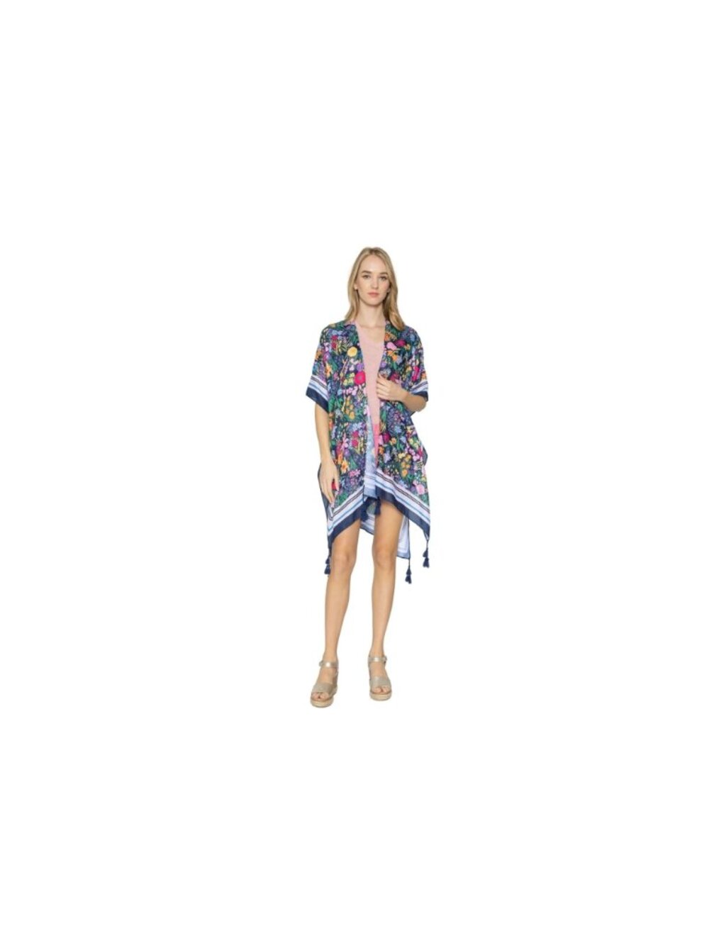 Blue Floral Tassel Kimono Beach Cover Up New Flower Cruise Vacation One Size - Picture 2 of 3